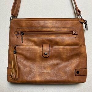 Fadeon Brown Faux Leather Crossbody Bag‎ Tassel Adjustable Strap Boho Western